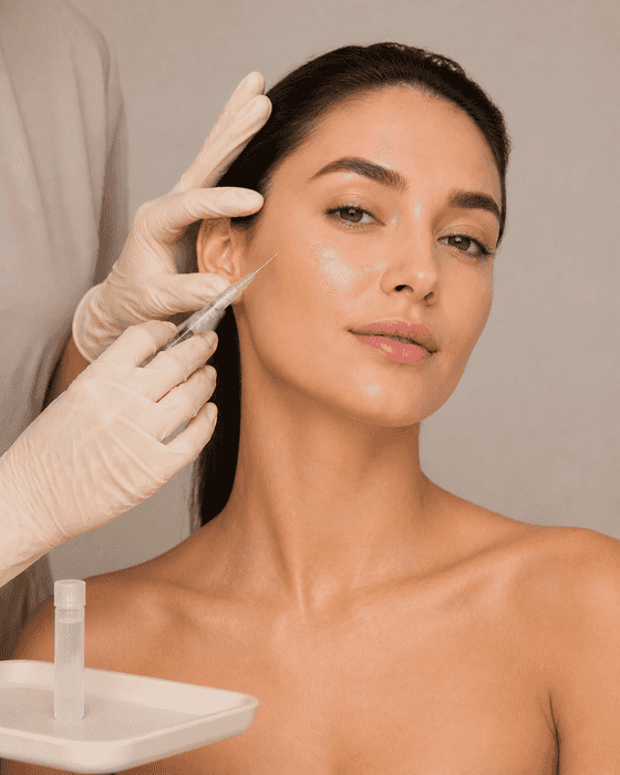 A clinician in cream gloves holds a clear syringe to a client’s upper cheek, with a small bottle on a tray in the foreground.